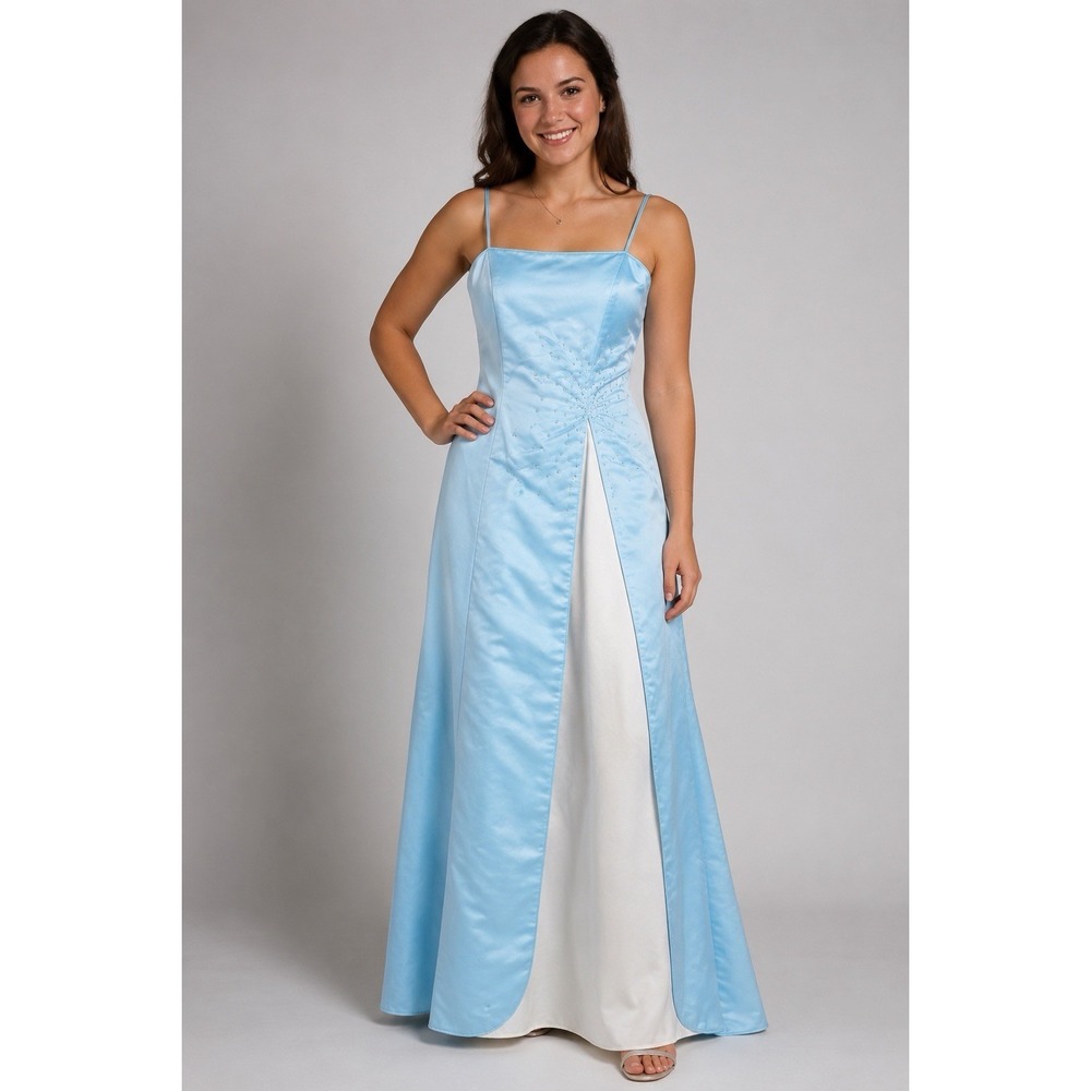 Milano Blue White Formal Prom Dress Size 10 Satin Rhinestone Y2K Maxi Gown